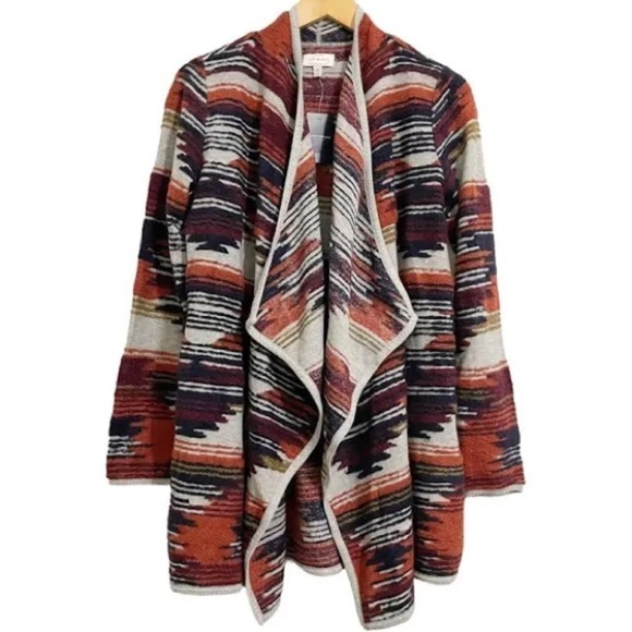 Lucky Brand Boho Aztec Print Waterfall Cardigan Small Rust Navy Southwest Knit - Picture 2 of 15